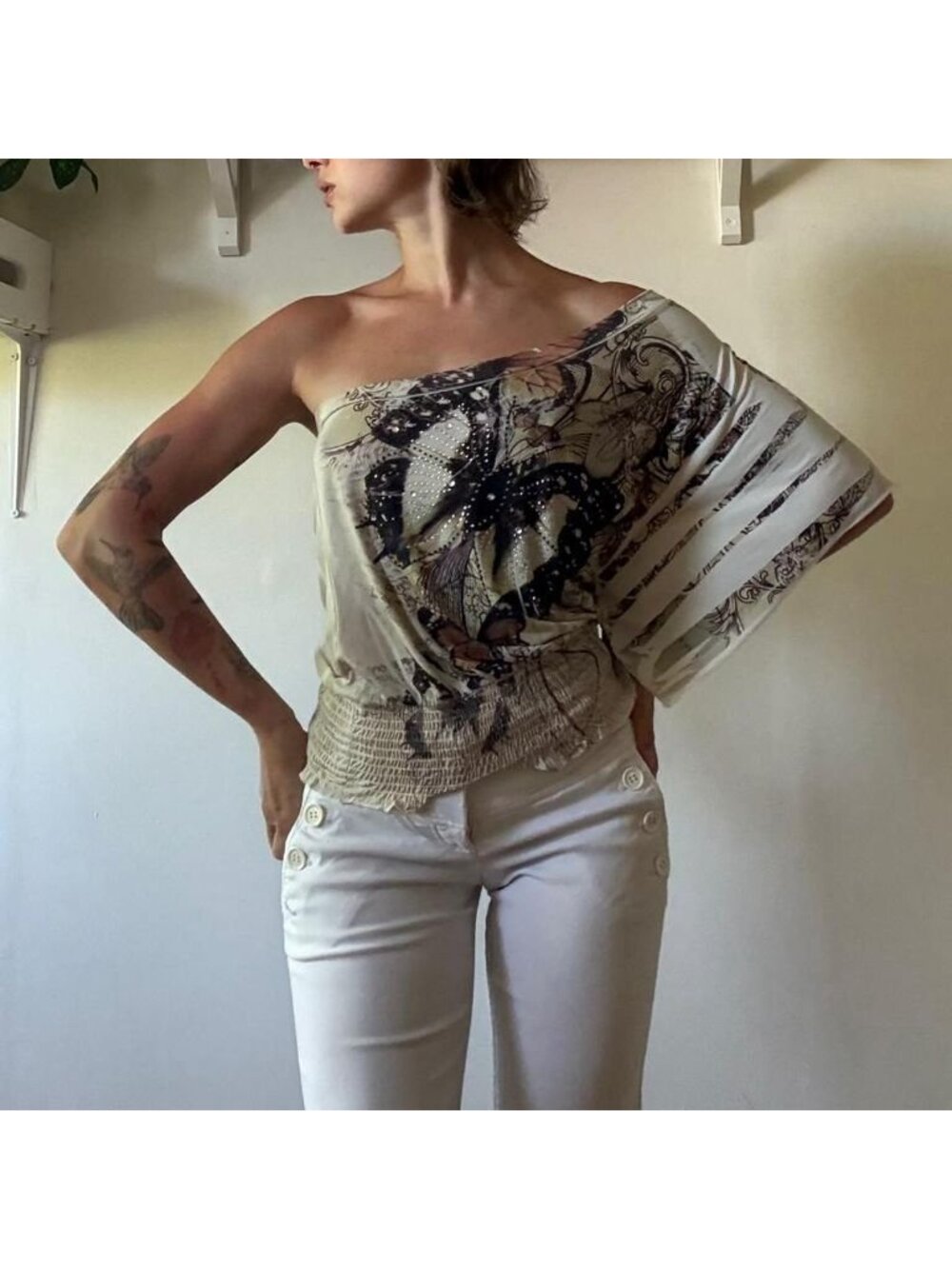 Butterfly Print One Shoulder Batwing Top — Colori